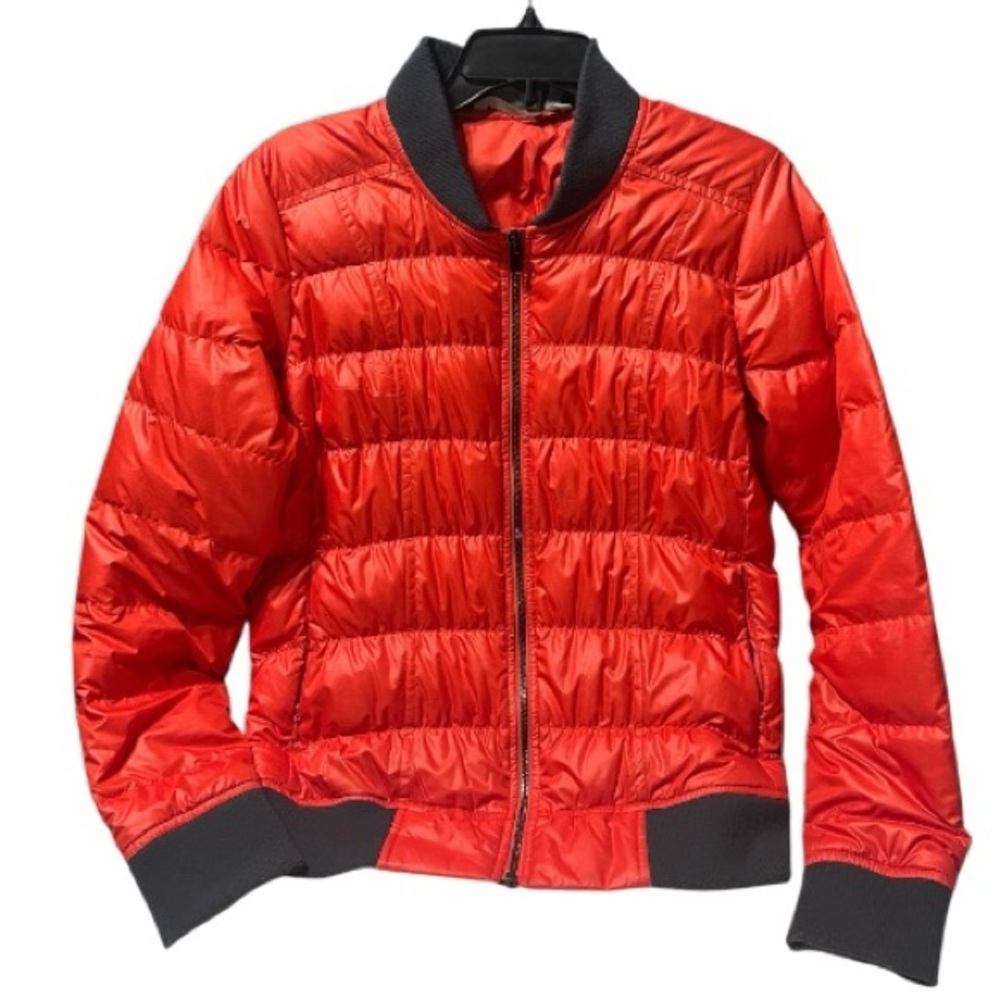Athleta Goose Down Puffer Bomber Zip Jacket Red Orange Pockets M - Picture 3 of 10